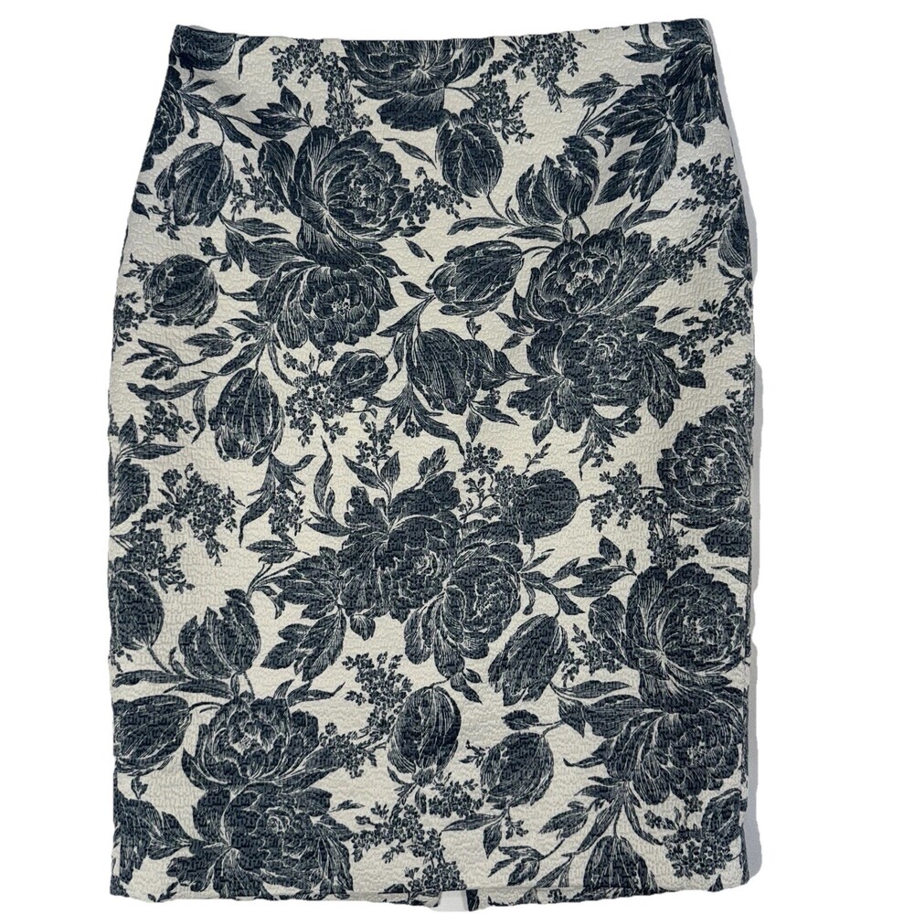 Ann Taylor Blue & White Floral Pencil Skirt Size 4 Textured Lined Office Career